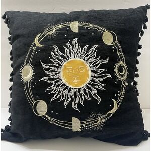 Celestial Throw Pillow Sun/Moon Black Embroidered 16x16" Tassels Zipper One Side